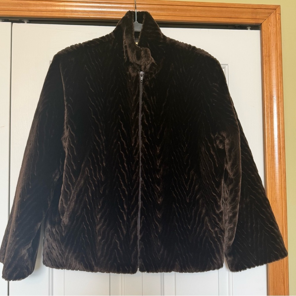 St.‎ John Collection Chocolate Brown Faux Fur Herringbone Jacket XS